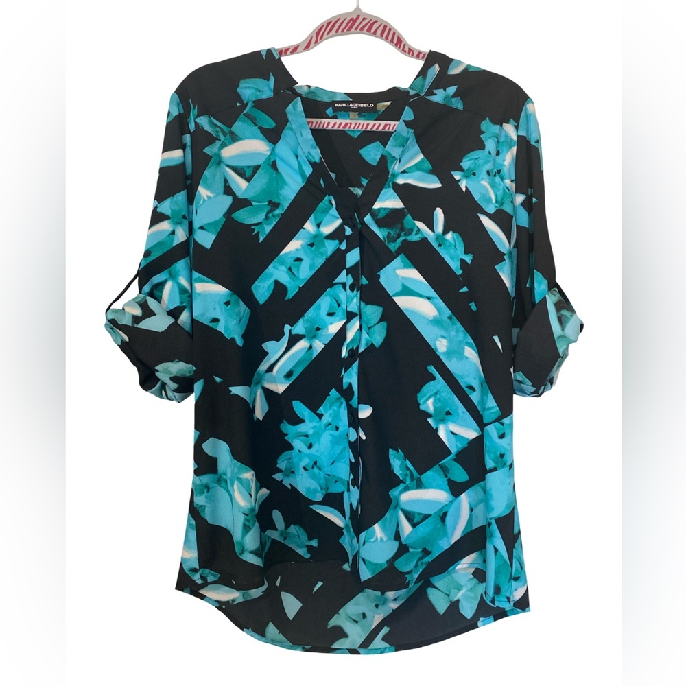 Karl Lagerfeld, abstract teal floral black lattice print, size Large